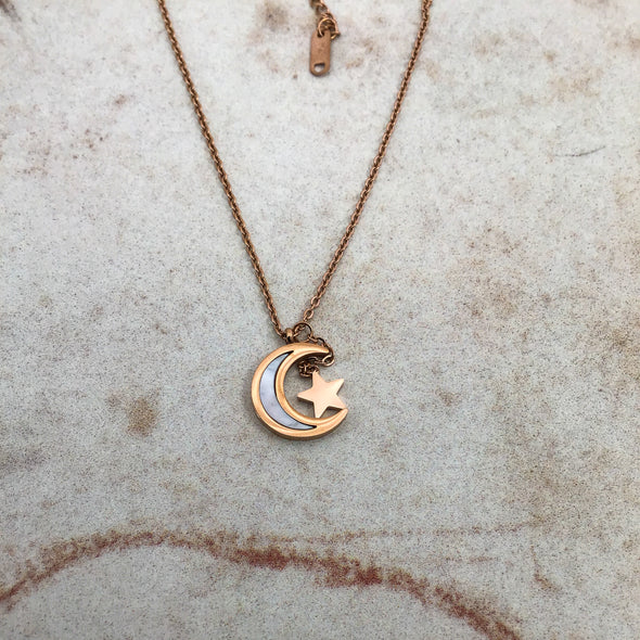 White Shell Moon & Star Necklace