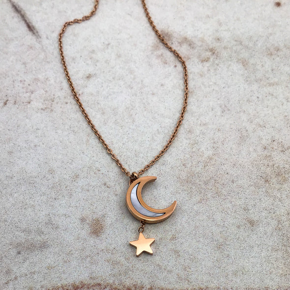 White Shell Moon & Star Necklace