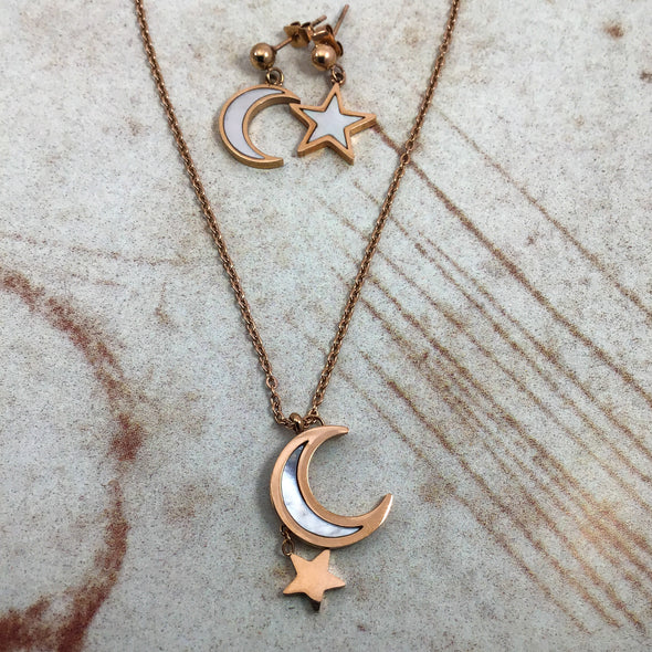 White Shell Moon & Star Necklace